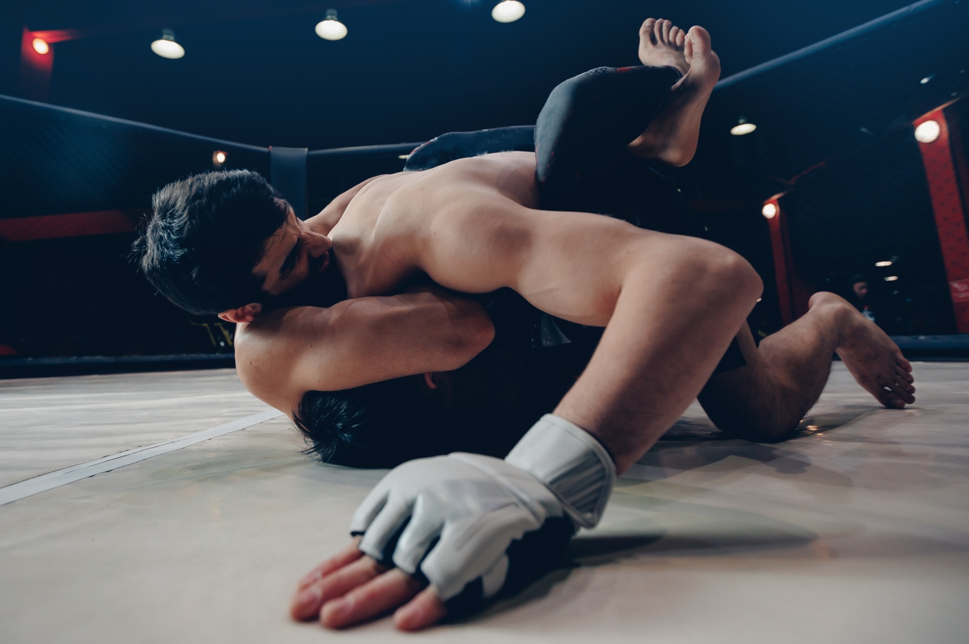 Two fighters grappling on the canvas inside a cage